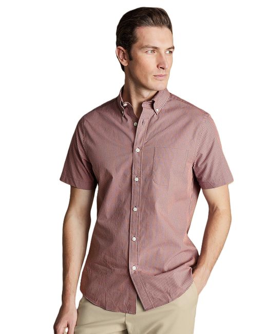 Charles Tyrwhitt Purple Slim Fit Light Button-down Collar Non-iron Stretch Poplin Mini Gingham Short Sleeve Shirt for men