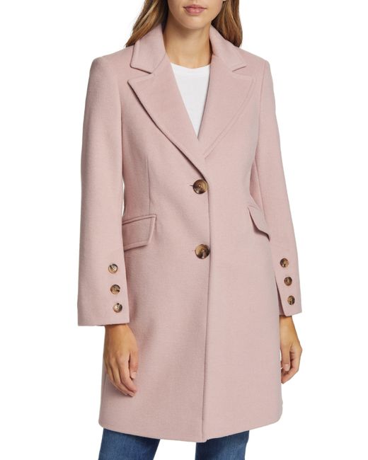 Sam Edelman Herringbone Button Twill Wool Blend Coat in Pink | Lyst
