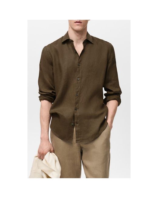 Mango Green Regular Fit Linen Button-Up Shirt for men