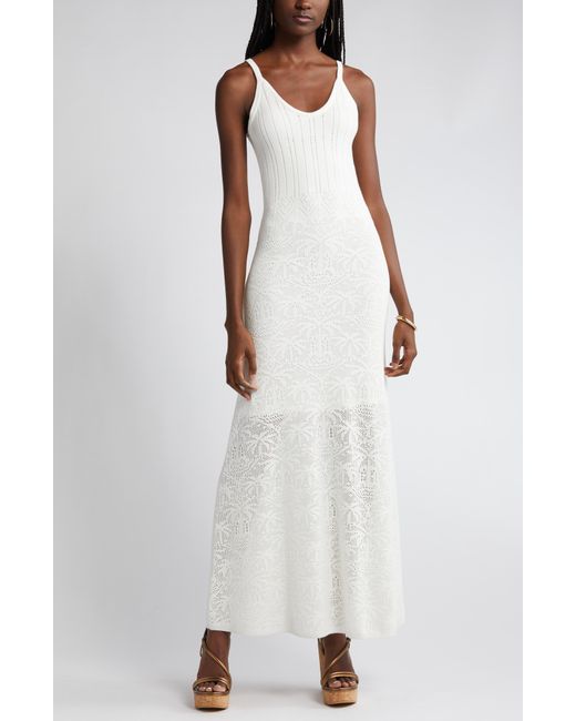 Moon River White Palm Tree Embroidered Knit Maxi Dress