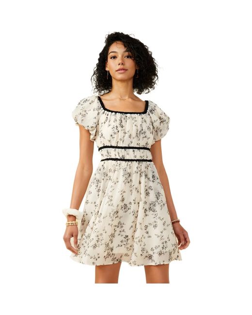 Knit & Lounge Gray Puff Sleeve Floral Mini Dress With Trim Detail