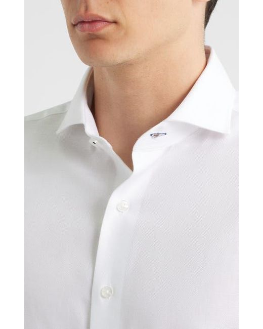 Lorenzo Uomo White Trim Fit Cotton Herringbone Dress Shirt for men