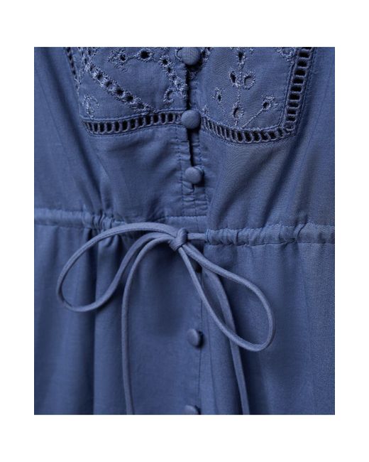Mango Blue Embroidered Eyelet Long Sleeve Cotton Shirtdress