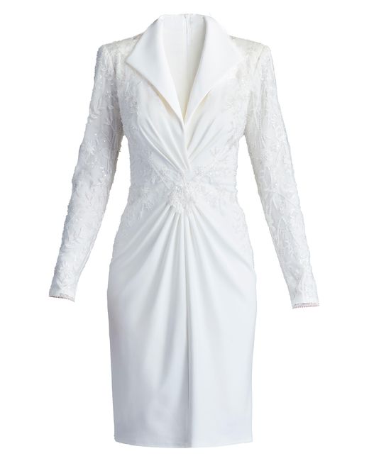 Tadashi Shoji White Beaded Floral Long Sleeve Cocktail Dress