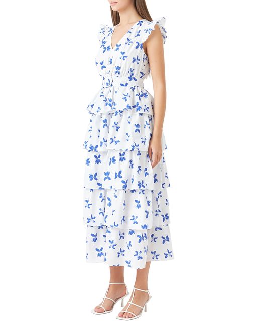 Endless Rose Blue Floral Tiered Belted Maxi Dress