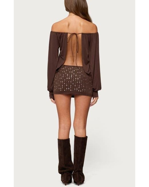 brown long sleeve backless dress Edikted Women's Guilia Backless Long Sleeve Romper