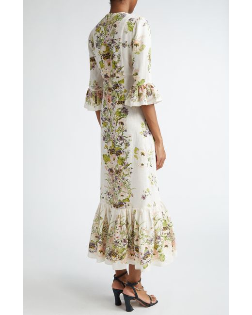 Zimmermann Metallic Halliday Floral Frill Sleeve Linen Dress