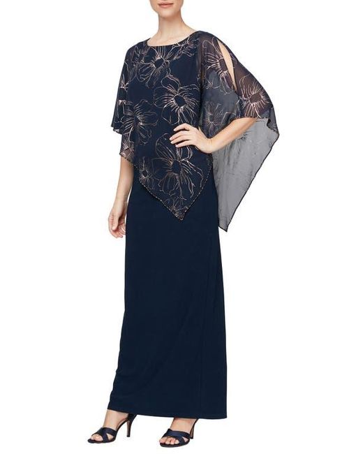 Sl Fashions Blue Metallic Chiffon Overlay Gown