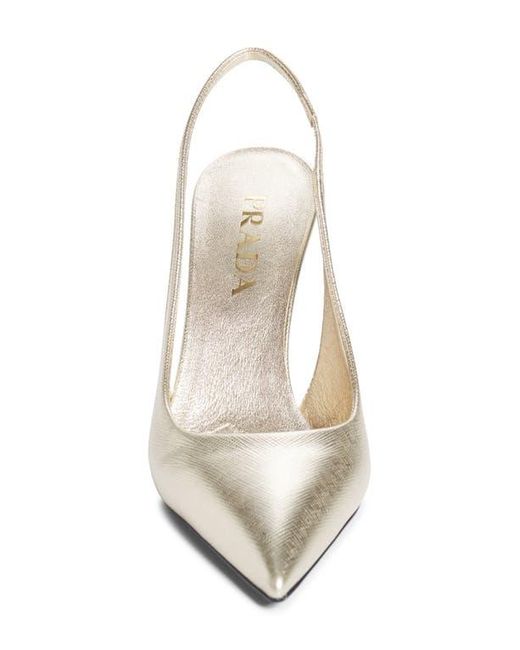 Prada White Saffiano Metallic Leather Slingback Pump