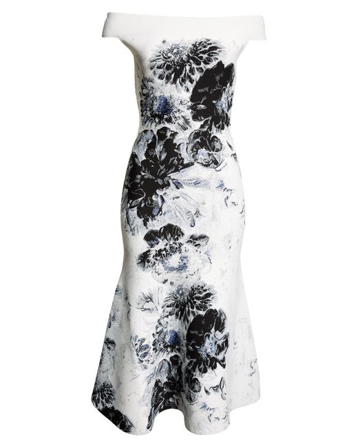 Alexander McQueen White Chiaroscuro Floral Jacquard Off The Shoulder Knit Midi Dress