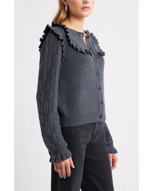 Treasure & Bond Black Pointelle Ruffle Wool & Cashmere Cardigan