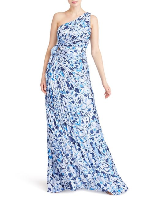 ML Monique Lhuillier Floral Print Pleated One-shoulder Gown in Blue | Lyst