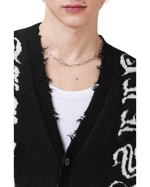 AllSaints Black Scripture Distressed Graphic Button-Up Sweater Vest for men