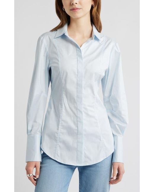 Open Edit Blue Seam Detail Split Back Stretch Cotton Poplin Shirt