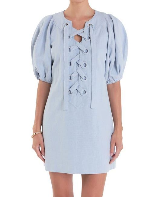 English Factory Lace Up Front Puff Sleeve Minidress in Blue Lyst