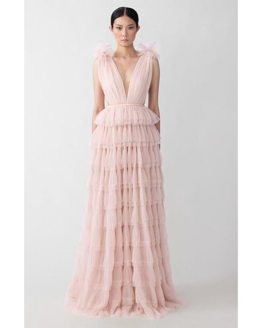 SAU LEE Pink Sabrina Plunge Neck Tiered Tulle Gown