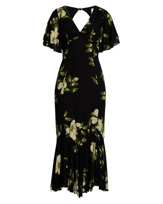 Reformation Black Salvia Floral Flutter Sleeve Mermaid Dress