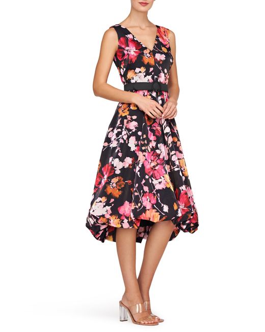 Kay Unger Red Viola Floral Belted Sleeveless High-low Dress