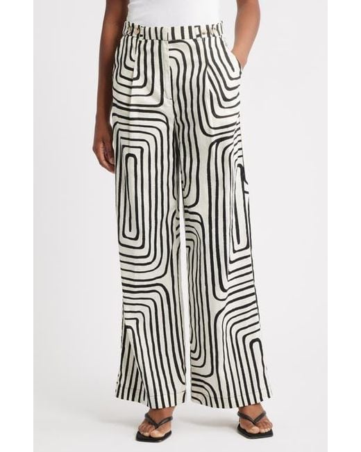 Mango Black Doty Print Linen & Cotton Straight Leg Pants