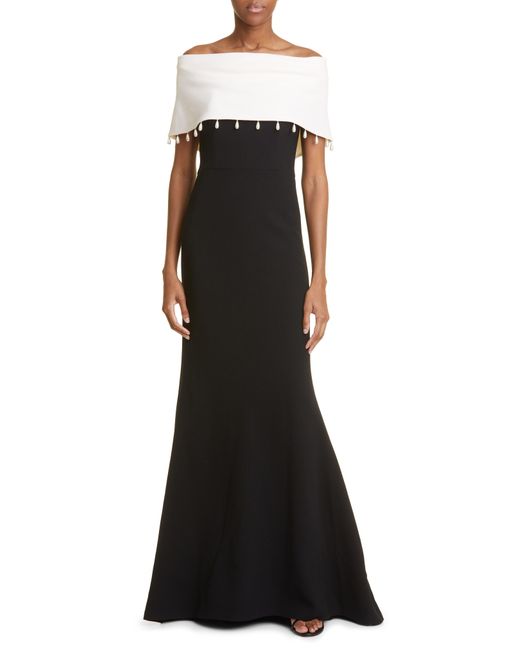 Lela Rose Black Imitation Pearl Detail Off-the-shoulder Wool Blend Gown