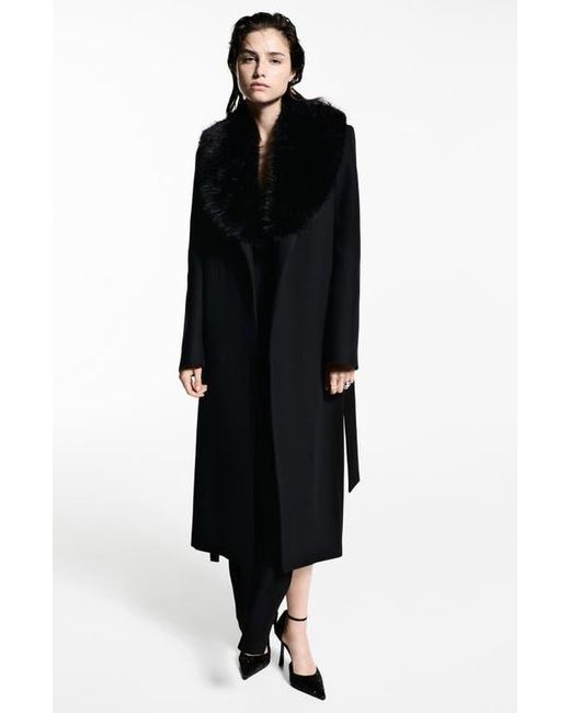 Mango Black Dolce Wool Blend Wrap Coat With Removable Faux Fur Collar