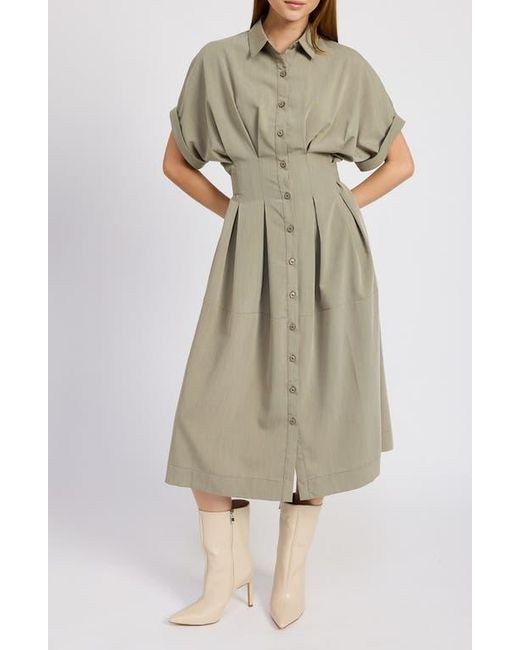 En Saison Natural Roan Pleated Waist Midi Shirtdress