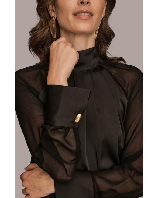 Donna Karan Black Pleated Sheer Sleeve Top