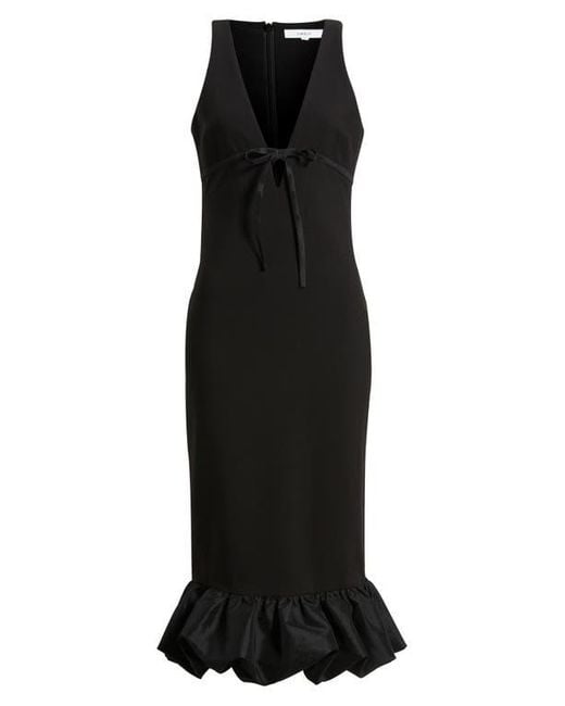 Likely Black Balta Ruffle Hem Mixed Media Cocktail Midi Dress