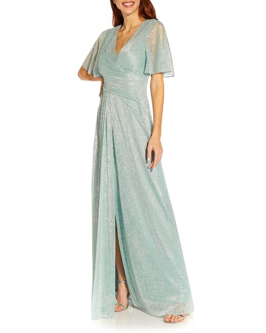 Adrianna Papell Green Metallic Mesh Drape A-line Gown