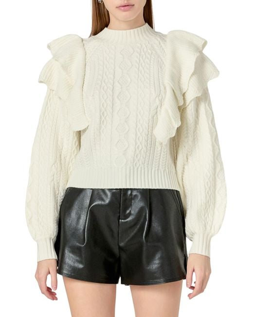 Endless Rose White Ruffle Cable Stitch Sweater