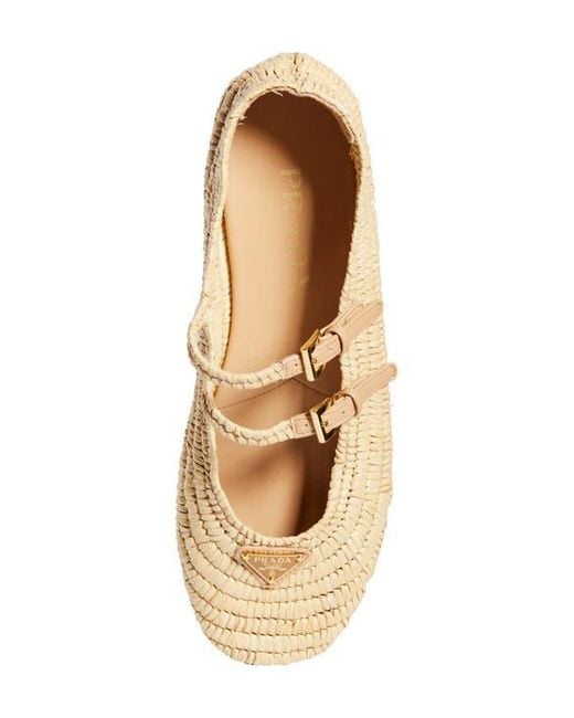Prada Raffia Mary Jane Flat in Natural | Lyst