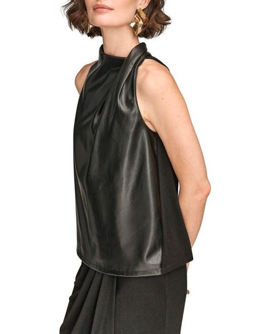 Donna Karan Black Mixed Media Sleeveless Faux Leather Top