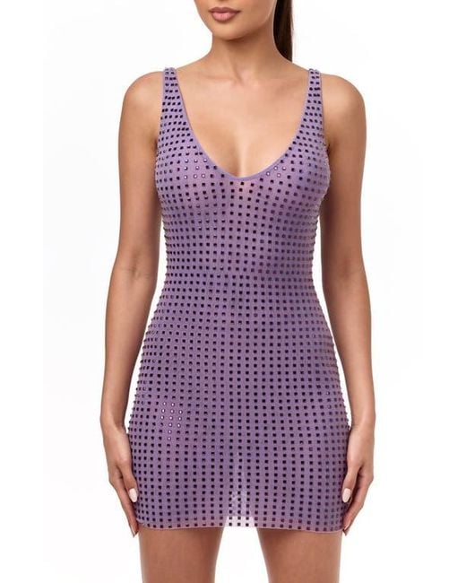Naked Wardrobe Purple Crystal Embellished V-Neck Mini Dress