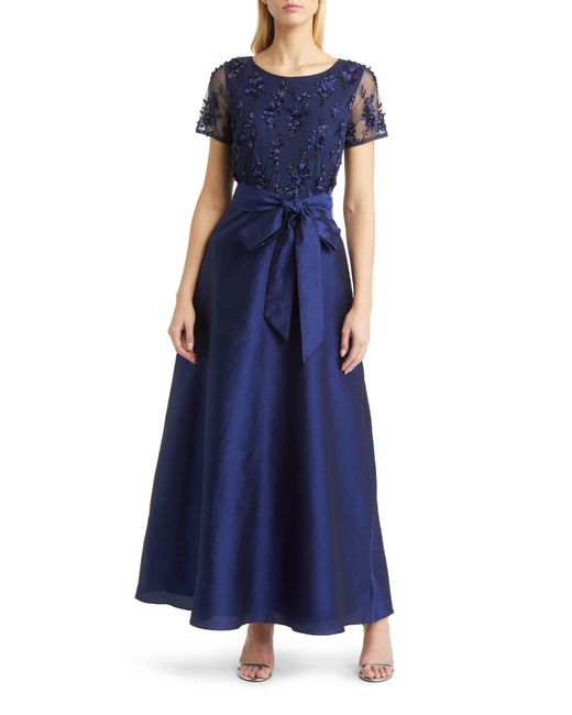 Pisarro Nights Blue 3d Floral Bodice Beaded Gown