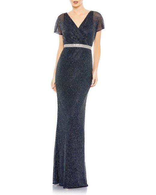 Mac Duggal Blue Beaded Butterfly Sleeve Column Gown