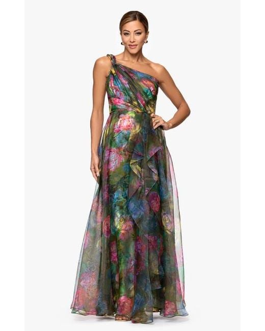 xscape green one shoulder dress Xscape Evenings One-Shoulder Floral Organza Gown in Green