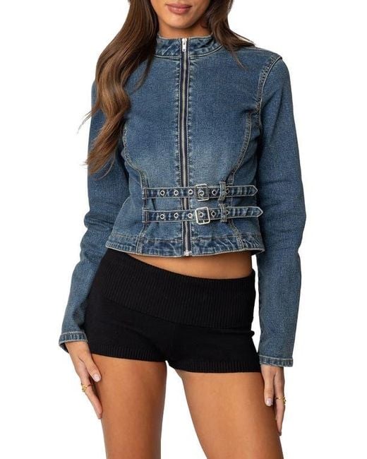 Edikted Blue Double Buckle Strap Denim Jacket