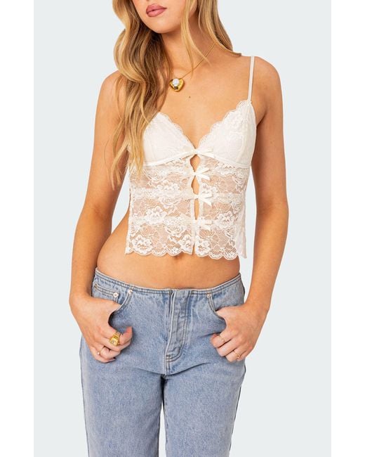 Edikted Blue Cara Sheer Lace Tie Back Camisole