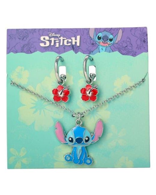 Disney White Lilo & Stitch Jewelry Set, Flower Charm Hoop Earrings, 16+3 Necklace