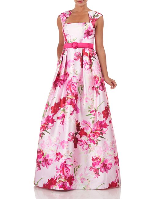 Kay Unger Pink Ainsley Floral Cap Sleeve Gown