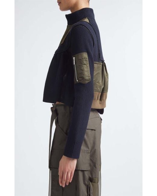 Sacai Black Patchwork Mixed Media Crop Jacket