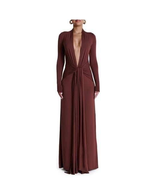 Naked Wardrobe Red Plunge Neck Long Sleeve Stretch Jersey Maxi Dress