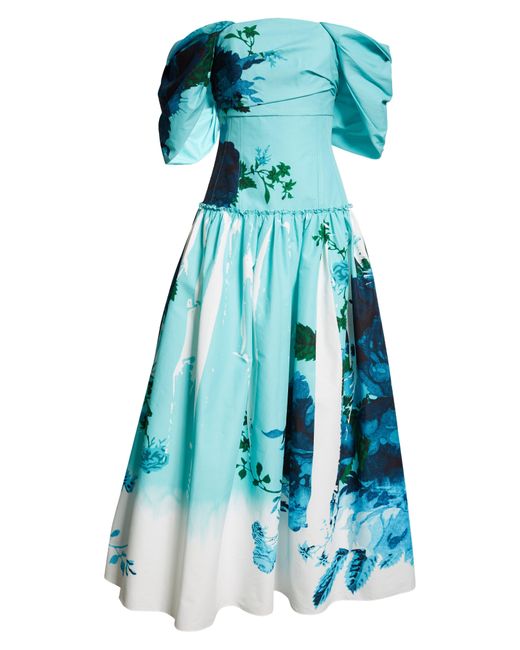 Erdem Blue Floral Print Off The Shoulder Faille Cocktail Dress