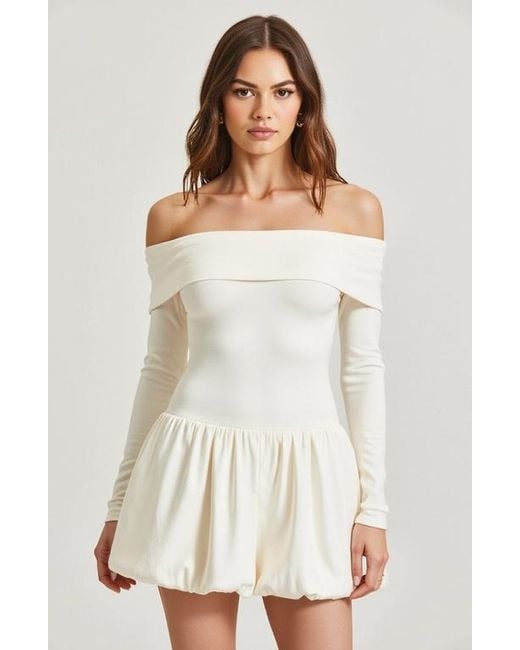 Modenaire White Off-Shoulder Long-Sleeve Mini Dress With Bubble Hem