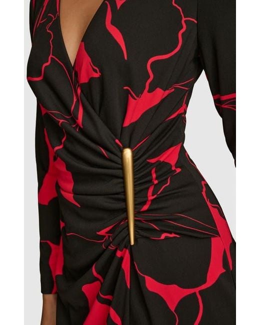 Donna Karan Red Bar Long Sleeve Faux Wrap Jersey Midi Dress