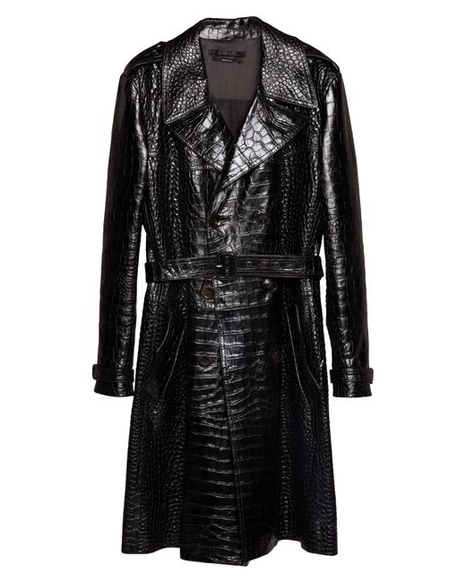 Tom Ford Black Belted Double Breasted Croc Embossed Leather Trench Coat