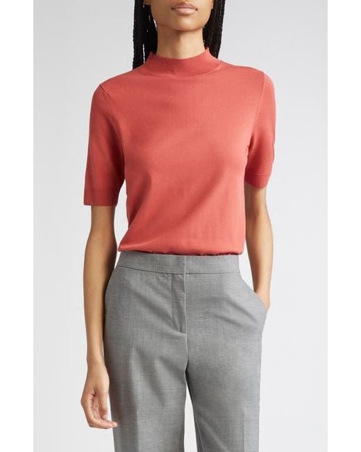 Lafayette 148 New York Red Mock Neck Short Sleeve Sweater