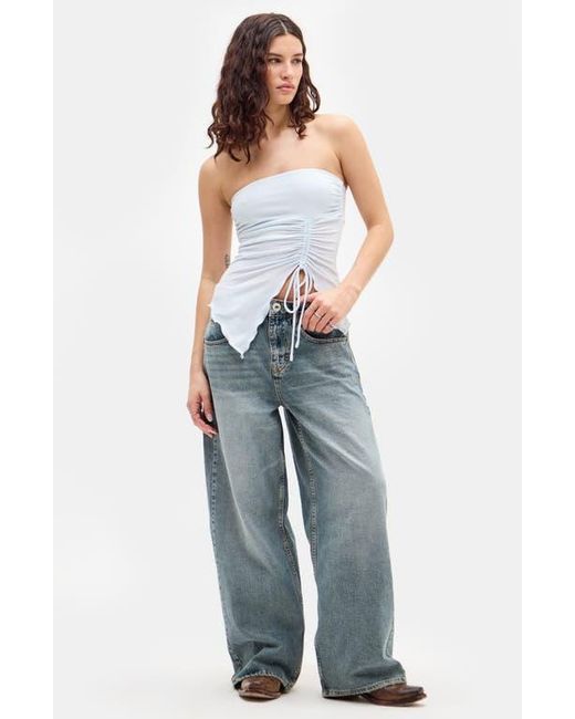 BDG Blue Rem Asymmetric Drawstring Ruched Strapless Top
