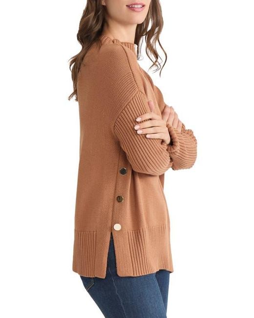 Jones New York Blue Button Detail Rib Funnel Neck Sweater