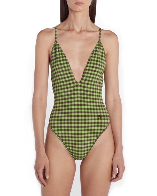 Fendi Green Gingham One-piece Swimsuit